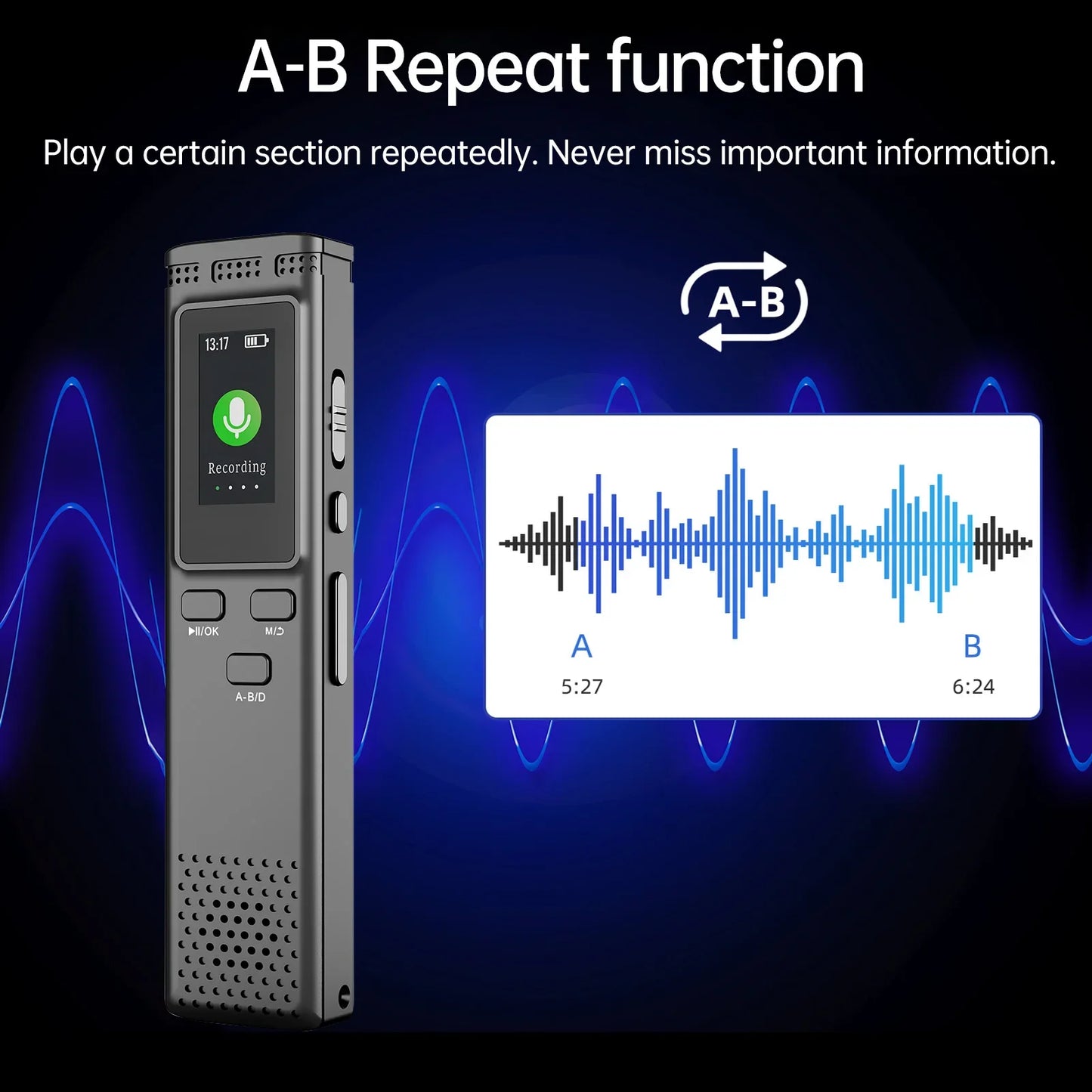 Digital Voice Recorder 64GB/16GB/8GB | Voice Activated Audio Recording, Noise Reduction, MP3 Playback, 288hrs