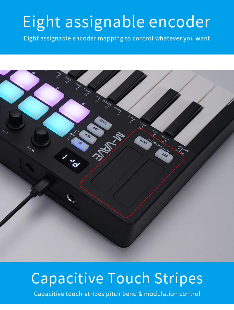 M-VAVE SMK-Ⅱ 25-Key MIDI Keyboard Controller – Bluetooth, 16 RGB Drum Pads, Semi-Weighted Dynamic Keybed