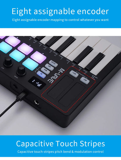 M-VAVE SMK-Ⅱ 25-Key MIDI Keyboard Controller – Bluetooth, 16 RGB Drum Pads, Semi-Weighted Dynamic Keybed