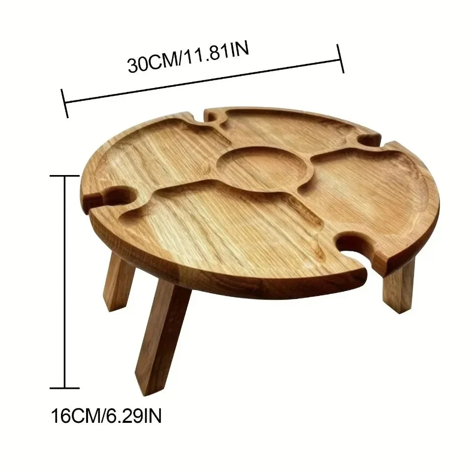 Wooden Folding Picnic Table – Round Foldable Desk with Wine Glass Rack, Portable Snack Table for Outdoor Camp