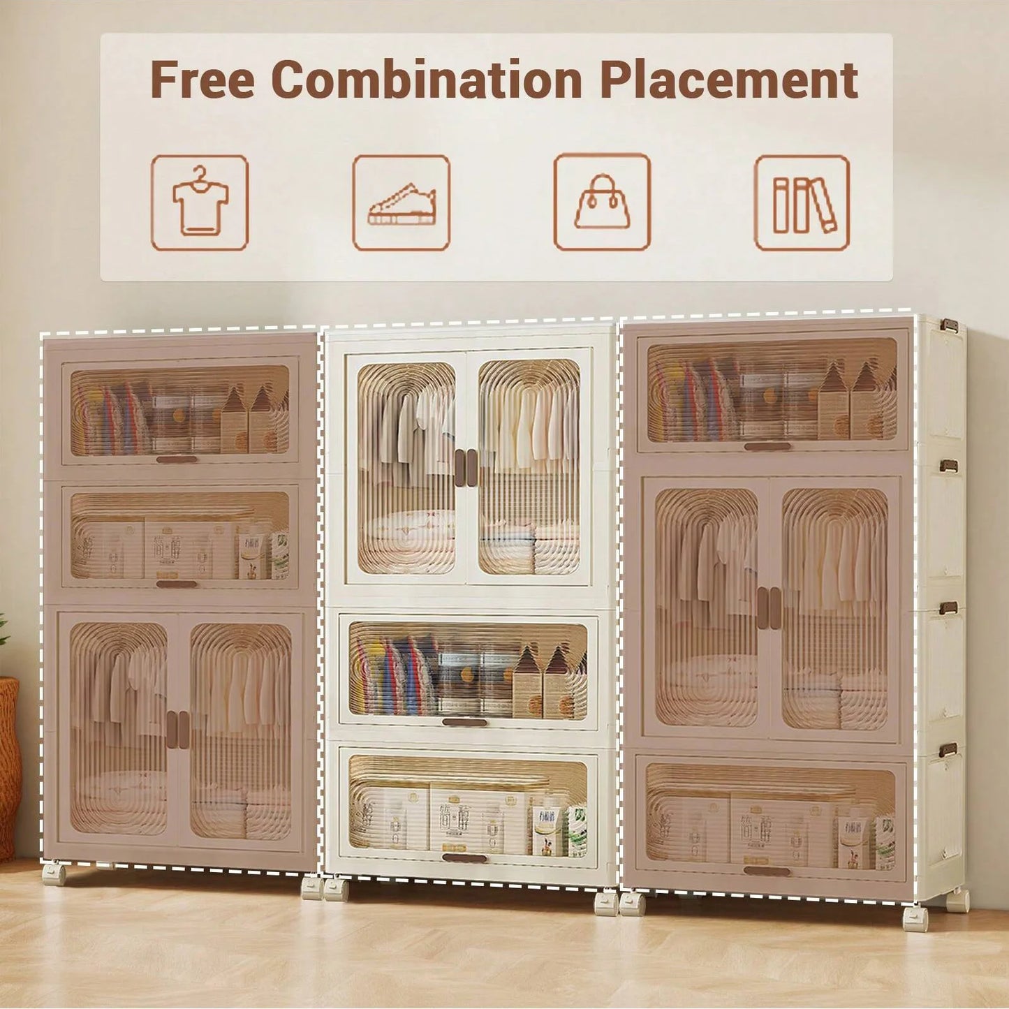 Plastic Wardrobe Closet — 27.6" Wide Stackable Multi-Layer Storage Bins with Lids & Wheels, Collapsible Drawer Organizer