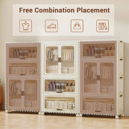 Plastic Wardrobe Closet — 27.6" Wide Stackable Multi-Layer Storage Bins with Lids & Wheels, Collapsible Drawer Organizer