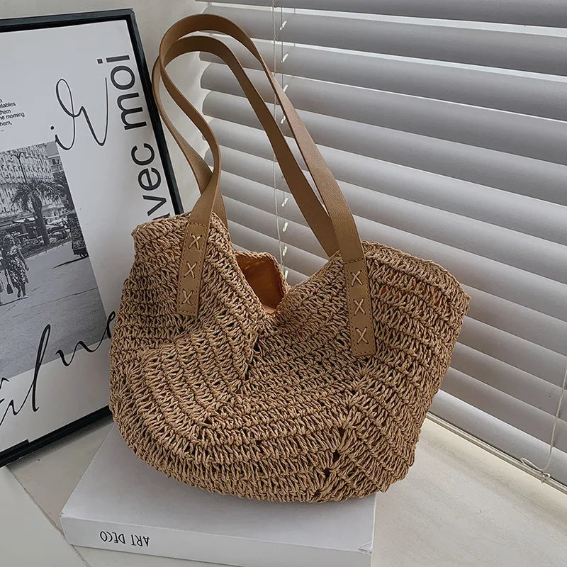 Handmade Woven Straw Beach Bag – Large Capacity Women’s Raffia Shoulder Tote for Summer Travel