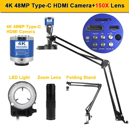1-150X Zoom Lens Digital Microscope – 4K 48MP HD Industrial Camera with HDMI & Type C for Electronics Soldering