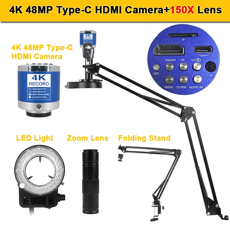 1-150X Zoom Lens Digital Microscope – 4K 48MP HD Industrial Camera with HDMI & Type C for Electronics Soldering