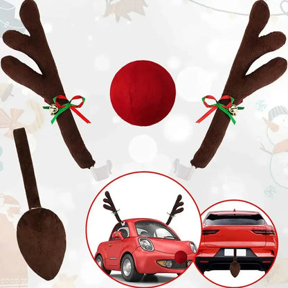 Christmas Car Decoration Kit – Deer Antlers with Red Nose & Tail Holiday Pendant Accessories