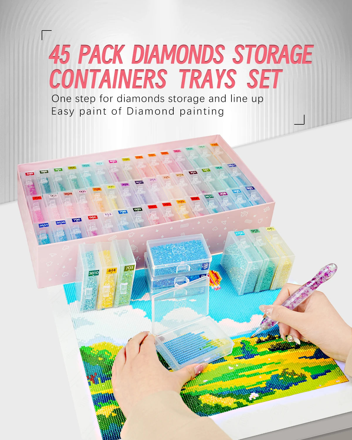 45pcs Diamond Painting Accessories – 2 in 1 Storage Trays with Lids & Bead Organizer