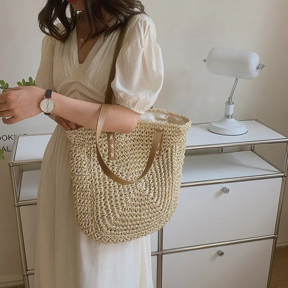 Handmade Woven Straw Beach Bag – Large Capacity Women’s Raffia Shoulder Tote for Summer Travel