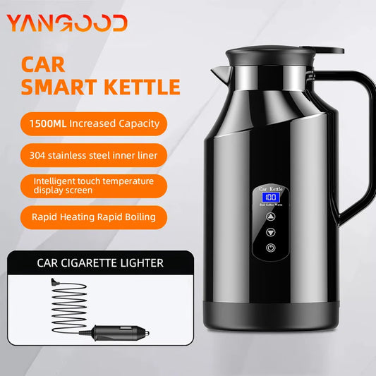 Yangood Portable Car Kettle 1500ML — Large Capacity 304 Stainless Steel Water Heater, 12V/24V for Travel, Tea, and Coffee