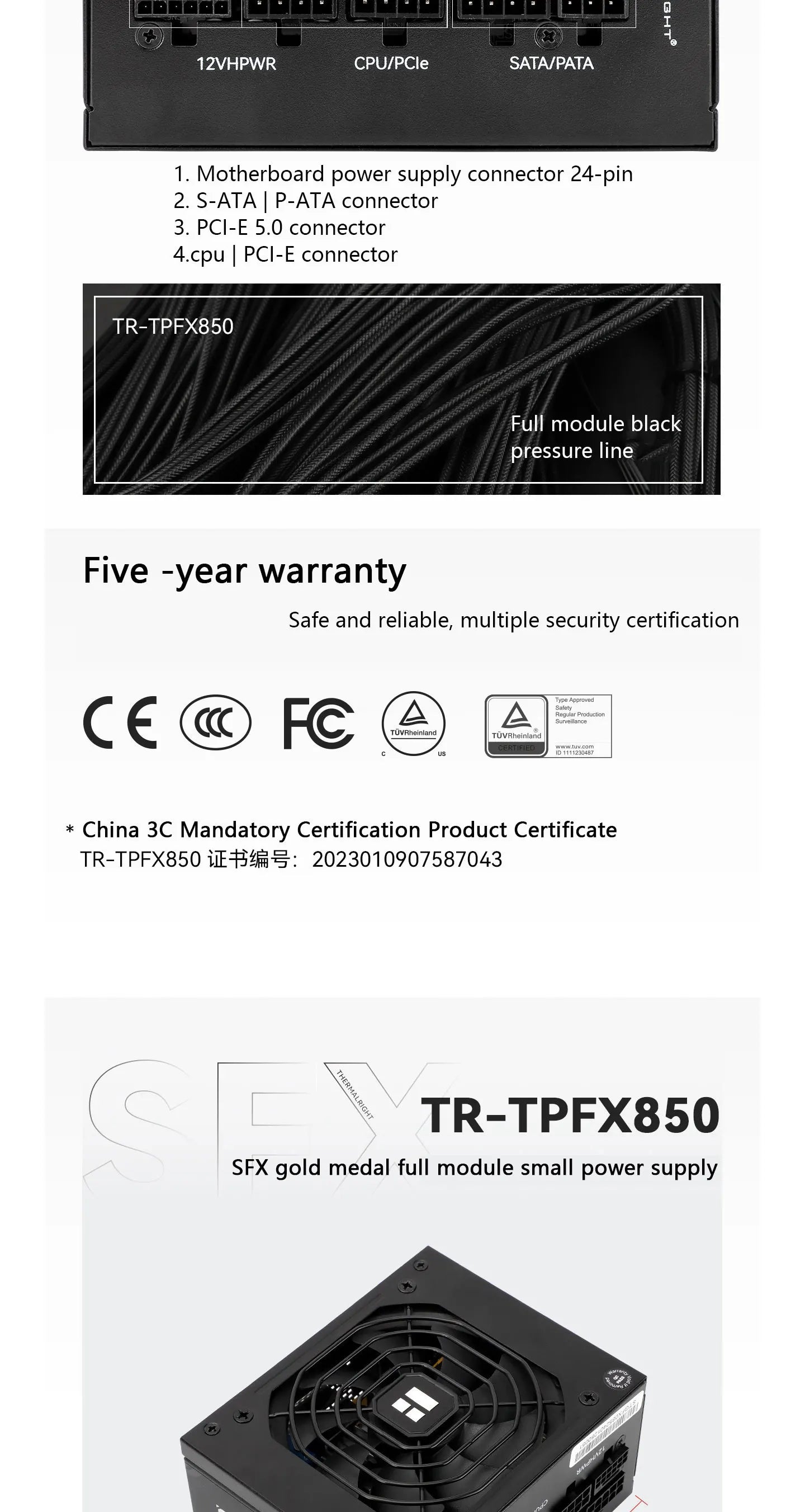 Thermalright TR-TPFX850 SFX Power Supply – 850W Platinum Full Modular, ATX 3.0 & PCIe 5.0 Support