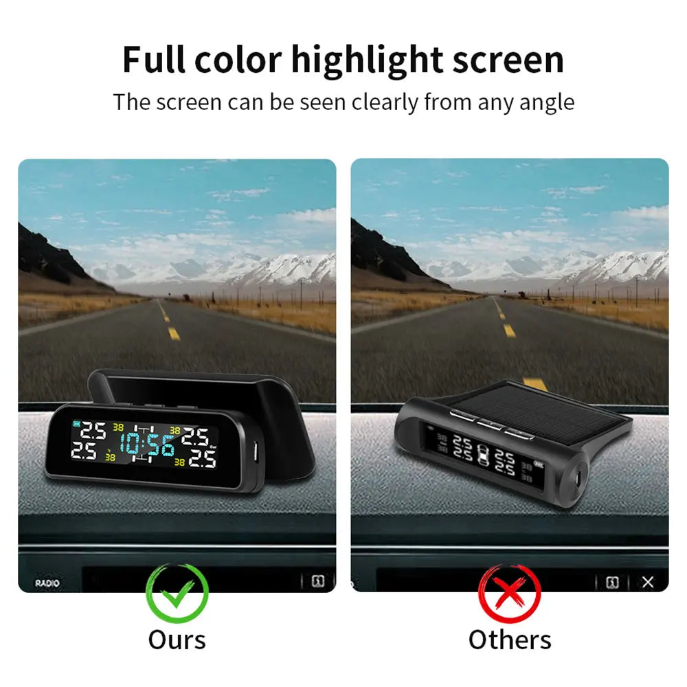 Solar Car TPMS Tire Pressure Monitoring System – External Sensors for 4 Wheels Tyre Pressure Detection