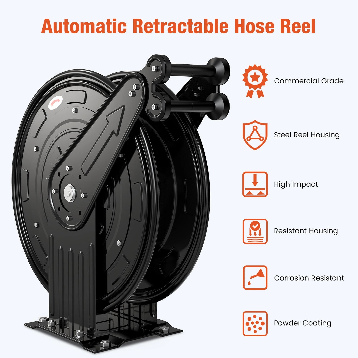 50FT Auto-Retractable Pressure Washer Hose Reel – Heavy Duty 300 PSI Steel Dual Arm Hose for Power Washers