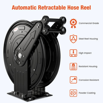 50FT Auto-Retractable Pressure Washer Hose Reel – Heavy Duty 300 PSI Steel Dual Arm Hose for Power Washers