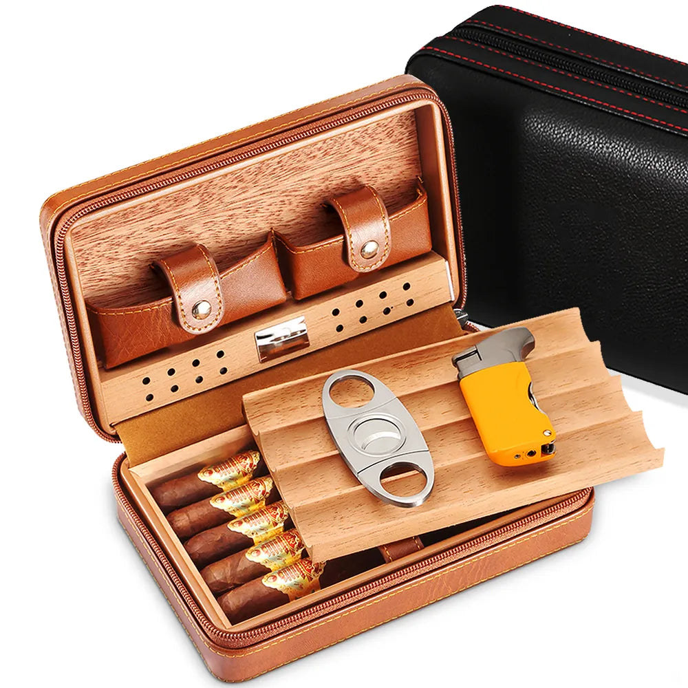 Portable Leather Cigar Humidor Box Set - Travel Cedar Wood Cigar Case ...