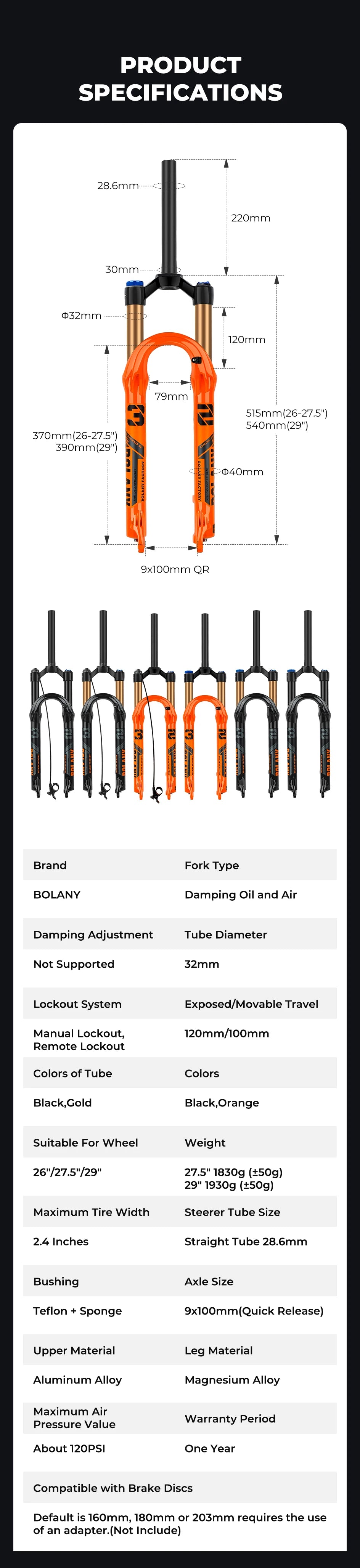 BOLANY Bike Air Fork – 27.5/29inch, 120mm Travel, Lightweight Magnesium Alloy Oil Air Suspension with Quick Release
