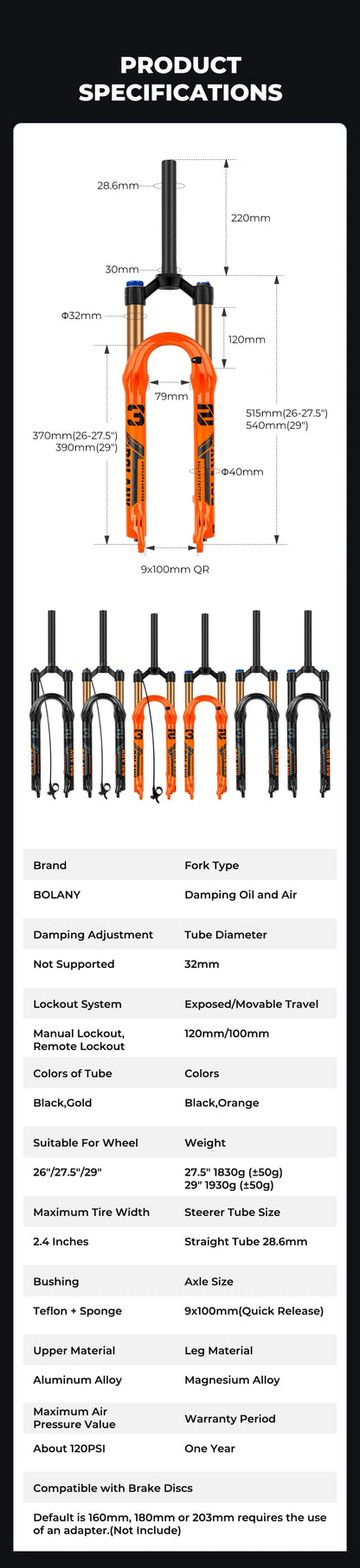 BOLANY Bike Air Fork – 27.5/29inch, 120mm Travel, Lightweight Magnesium Alloy Oil Air Suspension with Quick Release