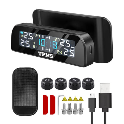 Solar Car TPMS Tire Pressure Monitoring System – External Sensors for 4 Wheels Tyre Pressure Detection