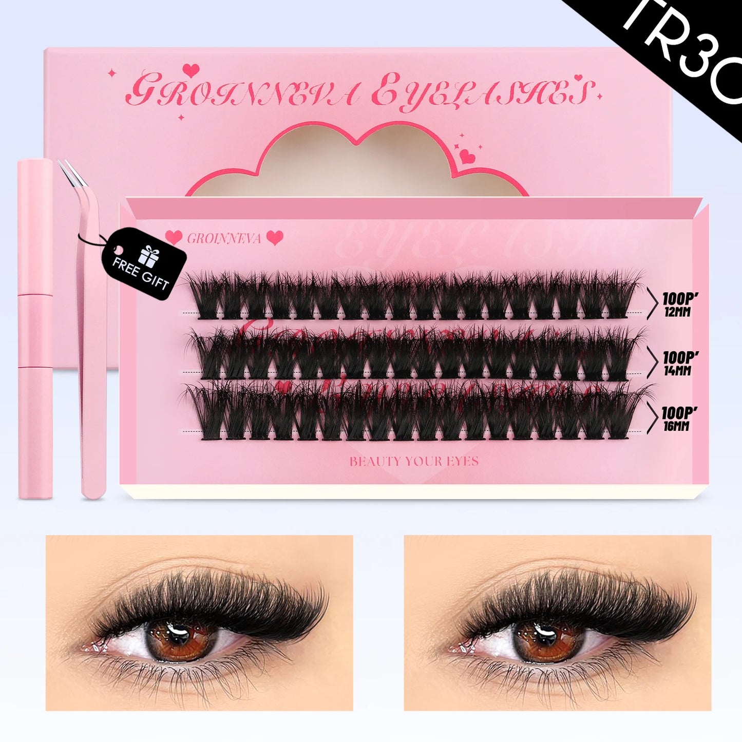 GROINNEYA Eyelash Clusters Kit – DIY Lash Extension with Bond & Seal, Waterproof Strong Hold & Tweezers