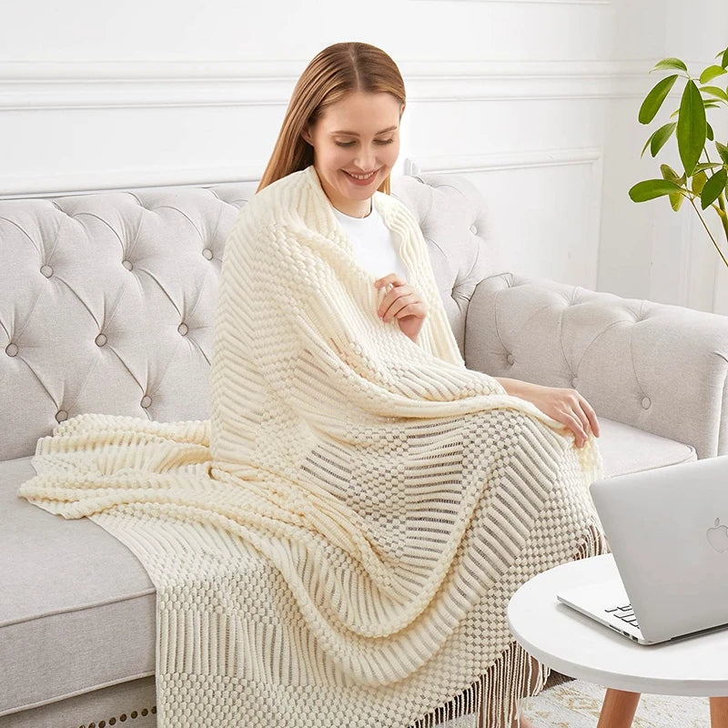 White Boho Throw Blanket – Textured Chunky Knitted Vintage Luxury Bedspread, Sofa Cover Manta Para Sofá