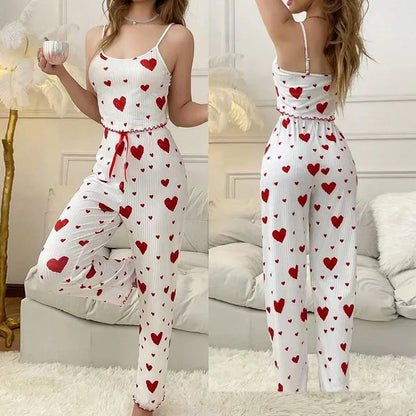 Women’s Autumn Winter Pajama Set – Heart Print Sleeveless Cami Top & Long Pants Sleepwear
