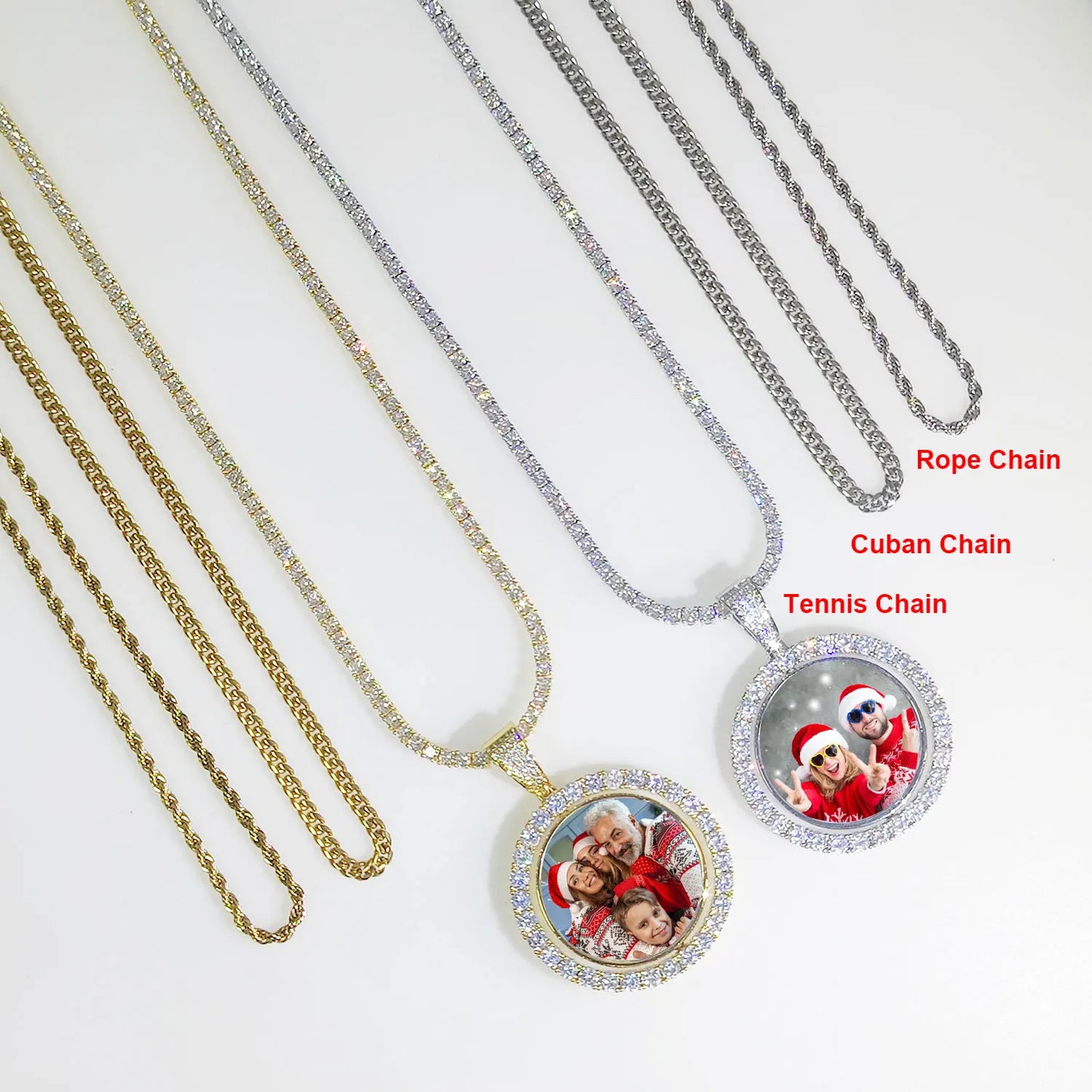 Customized Double-Side Photo Necklace – Personalized Picture Pendant with Cubic Zirconia, Hip Hop Jewelry Gift for Men & Women