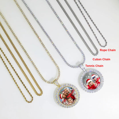 Customized Double-Side Photo Necklace – Personalized Picture Pendant with Cubic Zirconia, Hip Hop Jewelry Gift for Men & Women