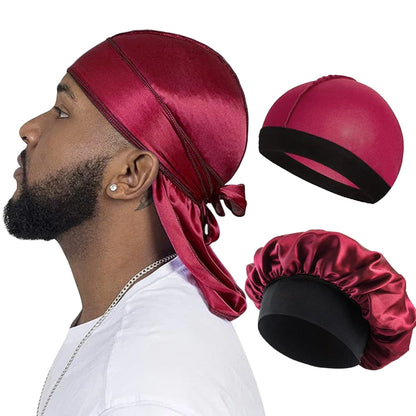 Men’s Silky Durag with Long Tail - Pirate Hat, Headband, Turban, Wave Cap, Unisex Satin Wig Cap with Elastic Band
