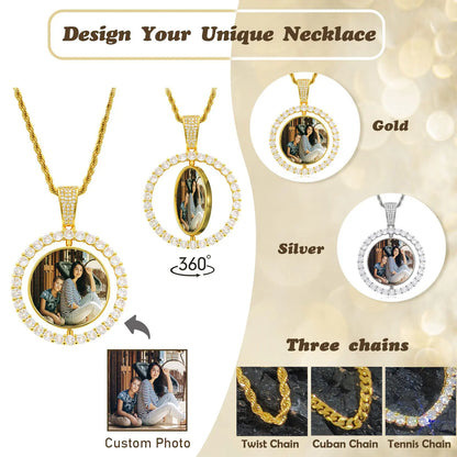 Customized Double-Side Photo Necklace – Personalized Picture Pendant with Cubic Zirconia, Hip Hop Jewelry Gift for Men & Women