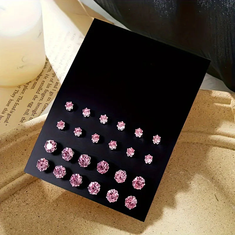 12 Pairs Luxury Zirconia Earrings – Elegant Shiny Stud Set for Parties, Gifts, and Couples