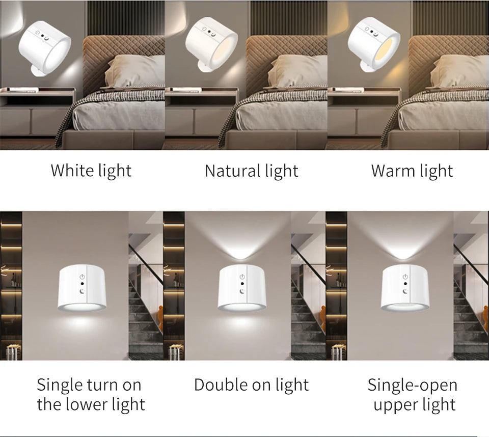 LED Wall Sconces Light – Touch Control Double Head Wall Lamp, 360° Rotatable, 3 Colors, Wireless Night Lights for Bedroom