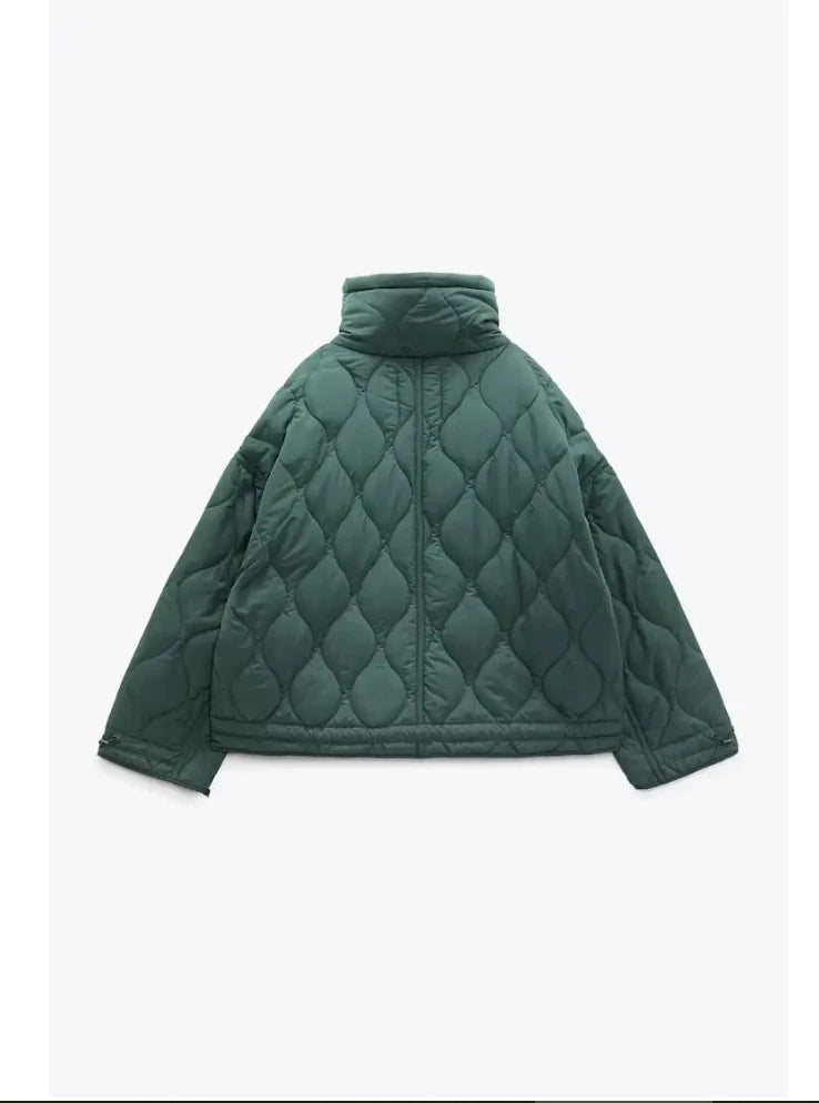 2024 ETJ Quilted Women's Coat – Beige Drawstring High Neck Jacket with Ties & Pockets