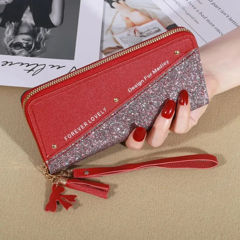 KISMIS New Long Women's Zipper Wallet - Korean Style with Color Contrast, Tassel and Rivet Details