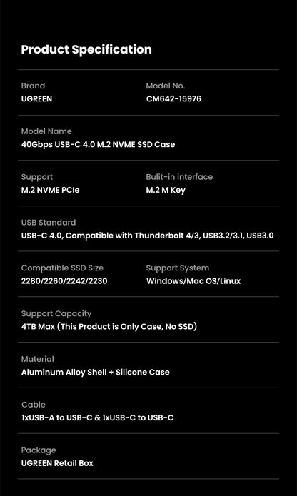 UGREEN 40Gbps NVMe SSD Enclosure – M.2 to USB4.0 Adapter with Built-in Cooling Aluminum Case