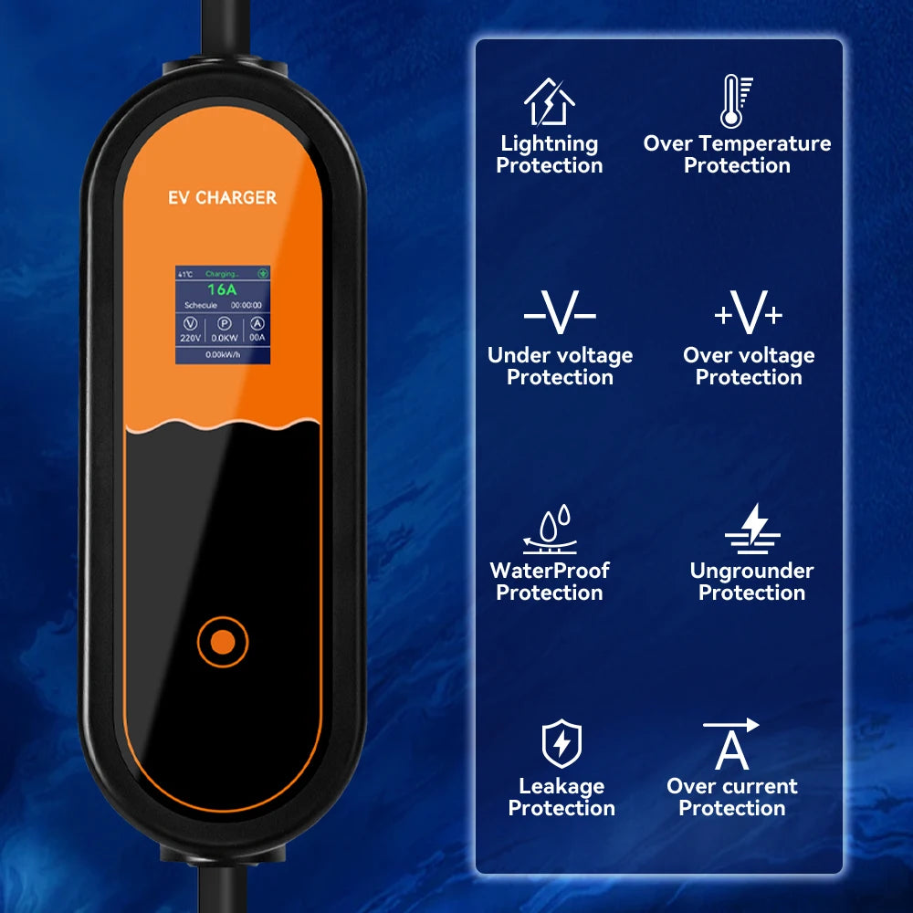 3.5KW Type 2 Portable EV Charger – Adjustable 8A-16A 1-Phase EU Plug for Electric Vehicles