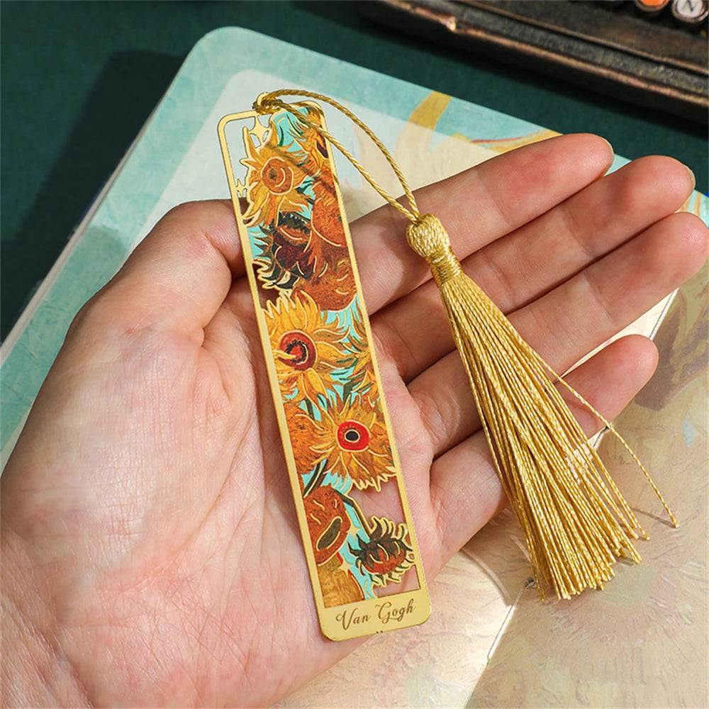 Chinese Style Metal Sunflower Hollow Bookmark: Creative Painted Book Holder with Tassel Pendant - Kids' Stationery for School & Office Supplies