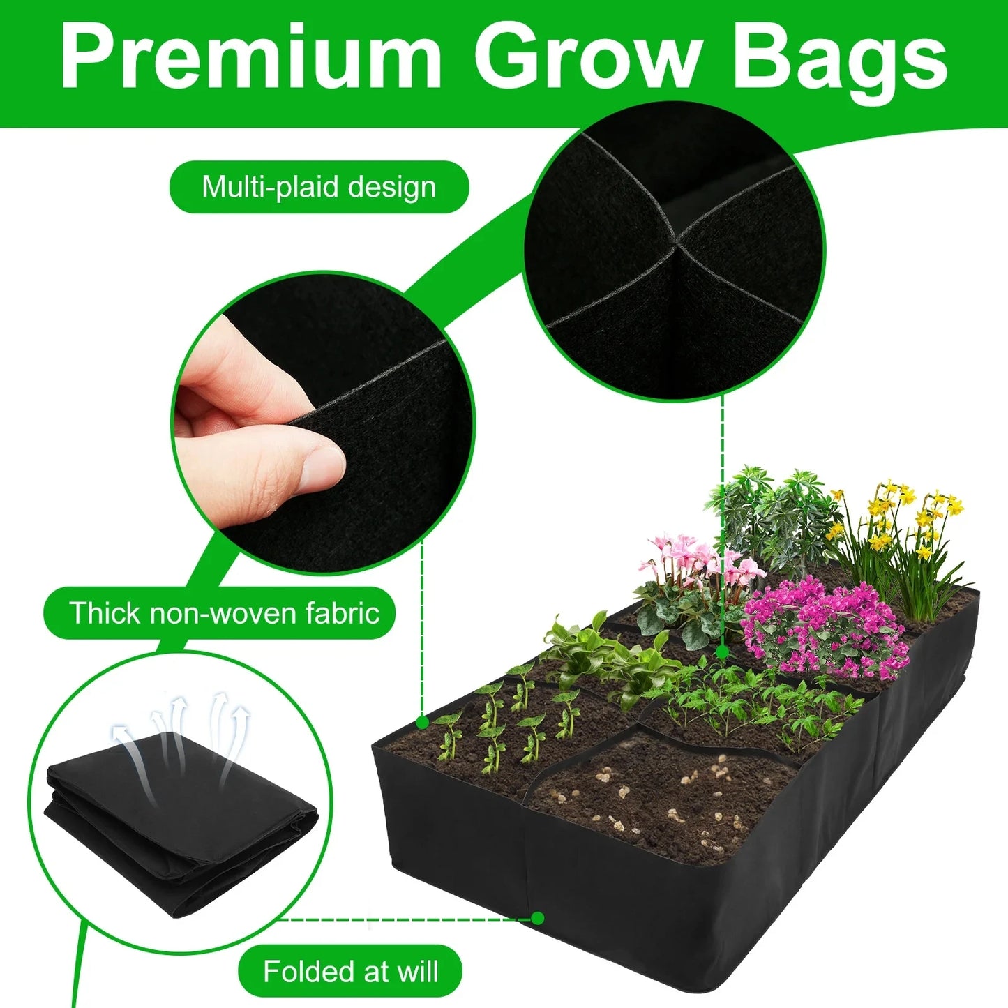 Reusable Fabric Garden Bags: Portable Rectangle Grow Bag for Planting Bed, 4/8 Grids - Large Vegetable Planting Bag for Yard