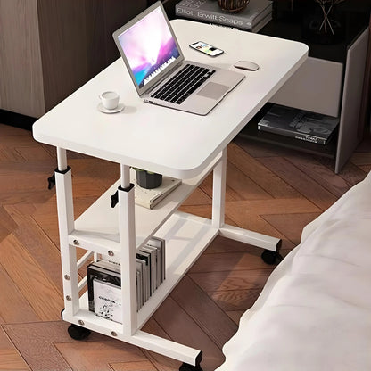 Double-Layer Movable Desk – Bedside Laptop Table with Storage Shelf, White Lift Office & Bedroom Desk