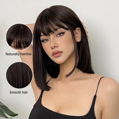Short Black Brown Synthetic Natural Hair Wigs: Bob Straight Wig with Bangs, High Temperature for Daily Cosplay & Party