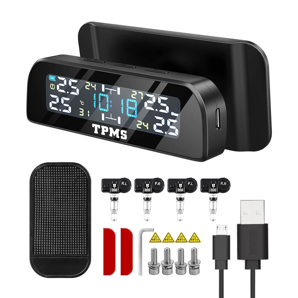 Solar Car TPMS Tire Pressure Monitoring System – External Sensors for 4 Wheels Tyre Pressure Detection
