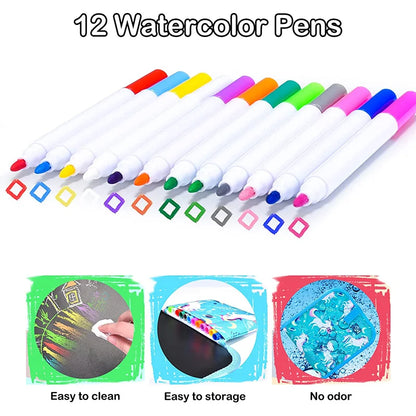Erasable Doodle Book for Kids – Reusable Drawing Pad with 12 Watercolor Pens, Preschool Painting & Writing Set
