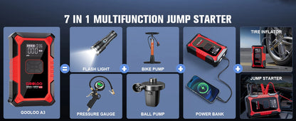 GOOLOO A3 3000A Jump Starter with Air Compressor – Portable Car Battery Booster for 9.0L Gas & 6.5L Diesel, 150PSI with Auto Shut-Off