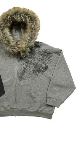 Y2K Vintage Streetwear Men’s Hoodie – Warm Loose Cardigan with Fur Collar & Skull Print Zipper Sweatshirt for Winter