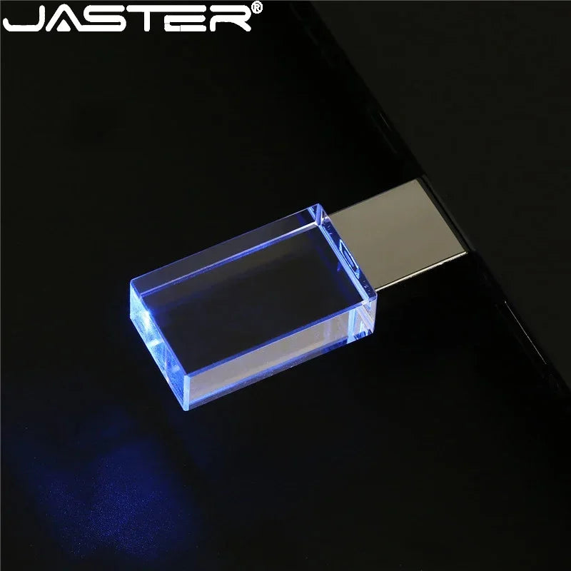 JASTER Rectangular Crystal USB Flash Drive - 16GB/32GB/64GB USB 2.0, Blue Green Red LED, Creative Colors, Free Logo on Bulk Orders (10+ PCS)