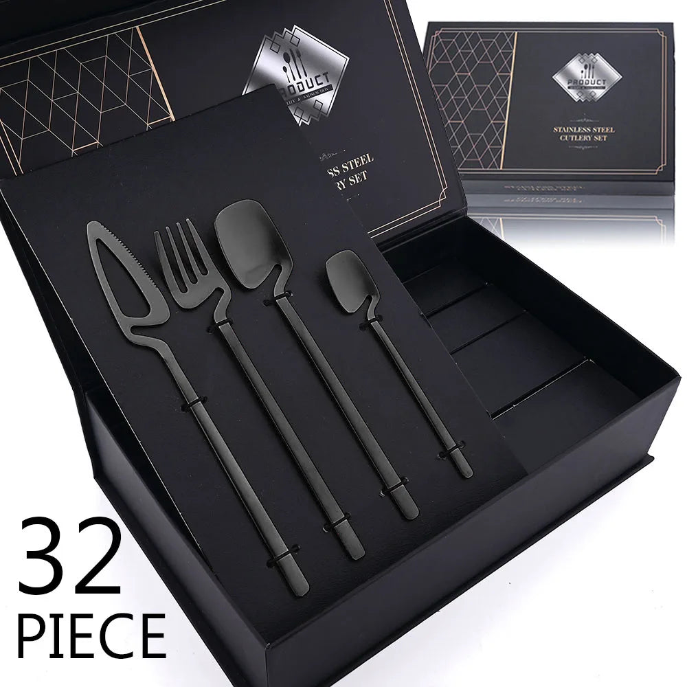 32-Piece Black Matte Stainless Steel Cutlery Set – Knife, Fork, Spoon Dinnerware for Bar, Party & Kitchen
