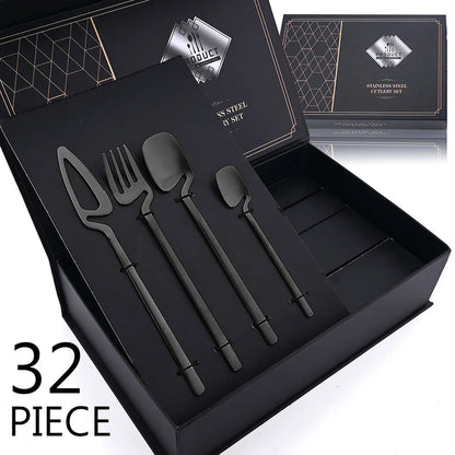 32-Piece Black Matte Stainless Steel Cutlery Set – Knife, Fork, Spoon Dinnerware for Bar, Party & Kitchen