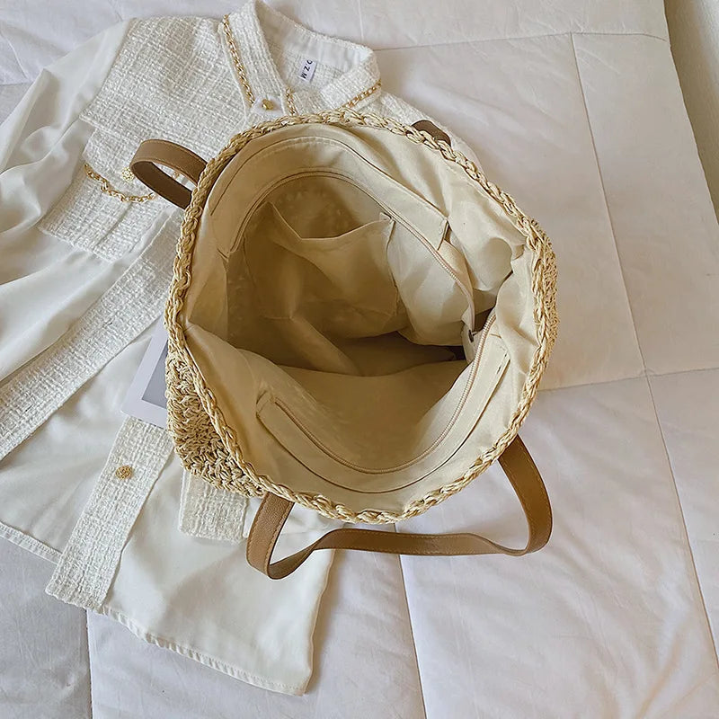 Handmade Woven Straw Beach Bag – Large Capacity Women’s Raffia Shoulder Tote for Summer Travel