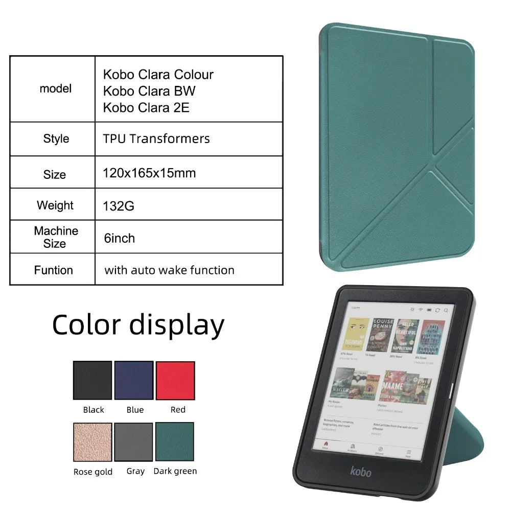 Smart Case for Kobo Clara Colour/BW/2E – Multi-Folding Stand, Magnetic Cover, Soft Back, Auto Sleep/Wake