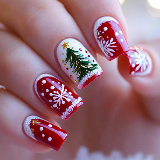 Medium Long Christmas Fake Nails – Square & Almond Tips with Tree, Snowflake & Snowman Designs