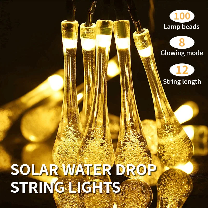 5m 20LED Water Droplet Solar String Lights - Waterproof Outdoor Garland for Christmas, Wedding, Party & Garden Decoration