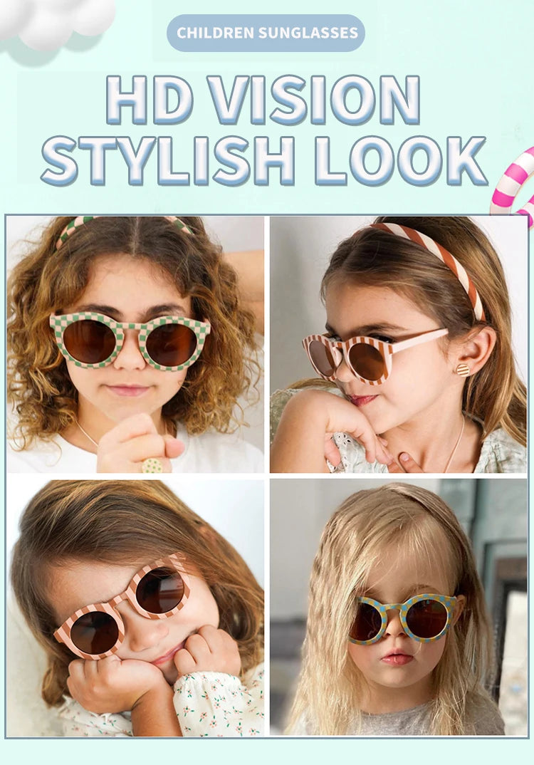 2023 Kids Checker Panel Round Sunglasses – Cute UV400 Sun Protection for Baby Girls & Children Outdoor Wear